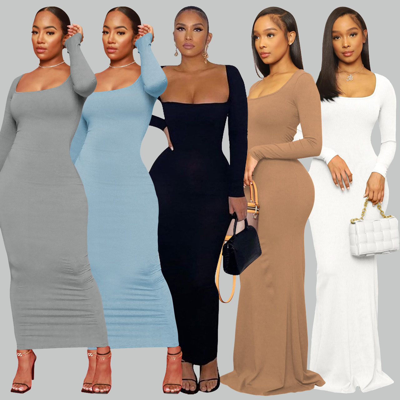 2024 Spring Women&#39;s Clothing Wholesale Elegant Party Ribbed Knitted Lounge Wear Bodycon Maxi Long Sleeve Dress 