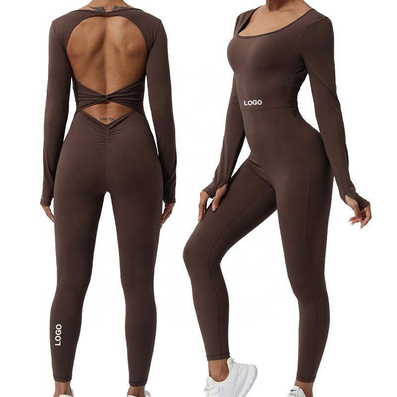 2407 Women&#39;s Yoga Rompers One Piece Quick Dry Long Sleeves Jumpsuit Sexy Hollow Back Dancing Activewear Casual Bodysuit 